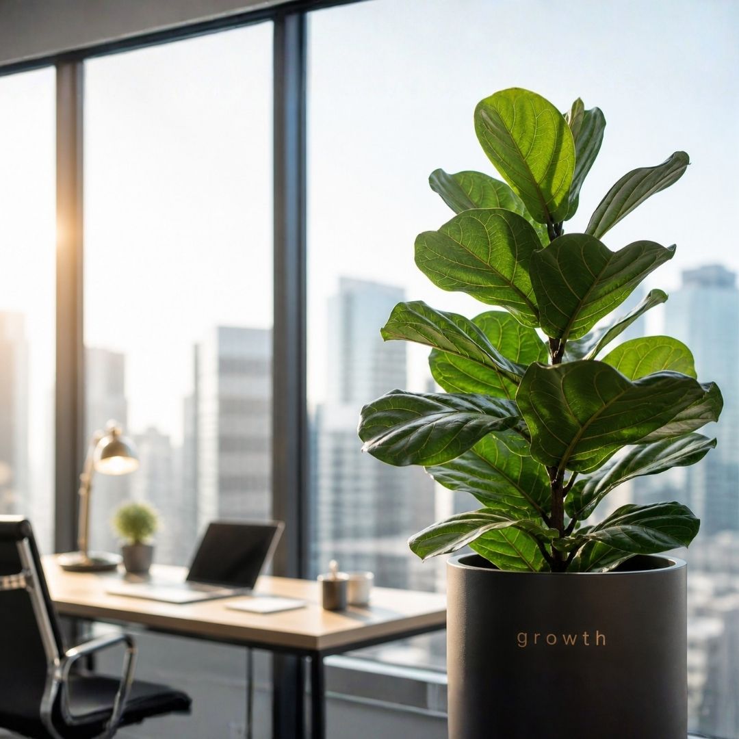 Ufficio con pianta e vista sulla città